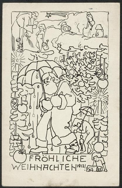 Handgemalte Karte (Tuschzeichnung) "Fröhliche Weihnachten" von Adolf Falke, 1912.