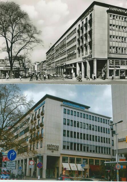 Schünemann-Bau, Rathenau-Arkaden, konzepiert vom Falke-Intimus Hans Klüppelberg, gestern und heute. Foto oben = um 1960, Foto unten =  2016.
