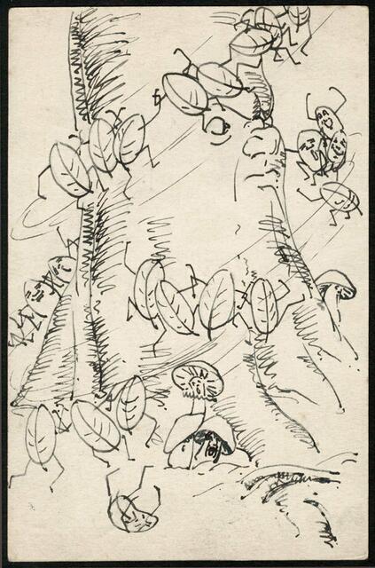 Käfer auf Baumstamm, handgemalte Karte (Tuschzeichnung) von Adolf Falke an Resi Danziger in Hannover, Cellerstraße 152, 1909. Auch die folgenden Karten gingen alle an Resi Danziger.