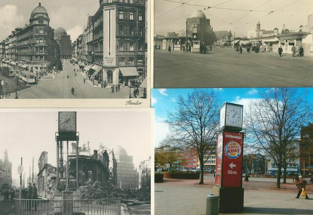 Falke-Uhr Georgstraße/Nordmannstraße. Oben links =  um 1935, unten links = 1944, rechts oben = 1951, rechts unten = April 2016.