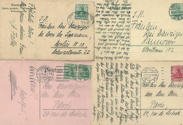 Adolf: Noch weitere Karten an seine Herzdame von 1909 bis 1913 (Auswahl). Karte links oben: Leo Lippmann ist der Schwager von Resi Danziger.