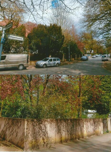 Adolf Falke wohnte in der Schopenhauerstraße 11 (alt:13). Foto oben: Schopenhauerstraße. Auf der linken Straßenseite wohnte Falke. Foto unten: Hinter der Mauer stand das Falke-Wohnhaus. Um 1992 wurde es abgerissen. Beide Aufnahmen: April 2016.