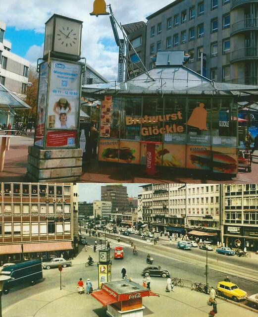 Falke-Uhr Bratwurst-Glöckle, oben =  2016, unten = um 1965.