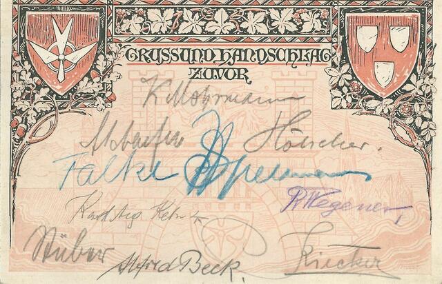 Auch Adolf Falke hat miit "Falke" unterschrieben, 19.4.1913. Anlass der Glückwunsch-Karte: Architekt Julius Fastje ist Vater geworden.