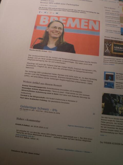 Blick auf die WESER-KURIER-Veröffentlichung "Bremer SPD wählt neue Parteispitze"