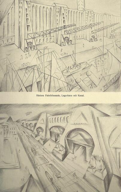 oben: siehe Text, unten: Hauptportal an der Podbielskistraße. Die geplante TET-Stadt mit Fabrikanlage und Wohnteil sollte vom Mittellandkanal bis zur Eilenriede reichen. Das Projekt wurde nicht realisiert. Foto aus: Deutsche Bauhütte, Curt Vincentz-Verlagsanstalt, 1917.