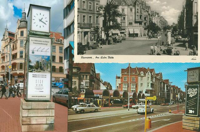 Falke Uhr am Lister Platz. links = 2016, oben rechts = um 1951, rechts unten = um 1985.