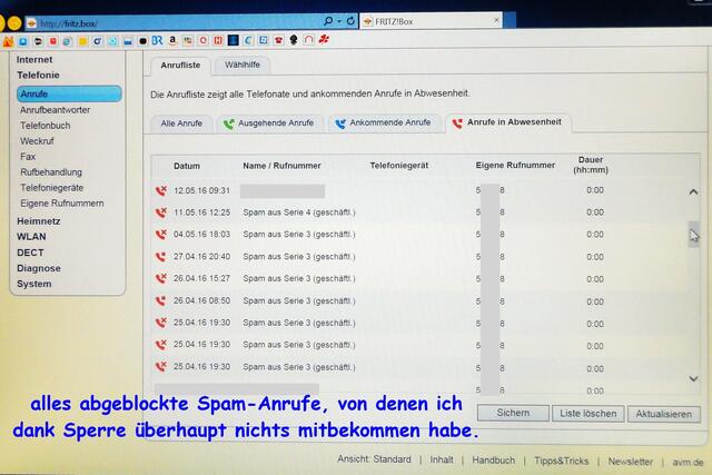 alles abgeblockte Spam Anrufe