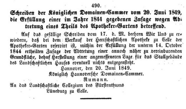 Schreiben der königlichen Domänenkammer vom 20. Juni 1849. Archiv für Geschichte und Verfassung des Fürstenthums Lüneburg (Celle 1856), S. 575.