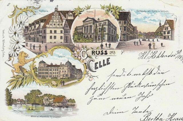 Diese Postkarte mit Motiven aus der Stadt Celle und „den herzlichsten Glückwünschen zum neuen Jahr“ wurde am 30. Dezember 1897 an Ida Jung, Höchstenstr. 49 in Elberfeld, von ihrer Tante Bertha in Klein Hehlen adressiert. Rechts oben fällt der Blick auf die Stechbahn mit Kirche und Schloss.
