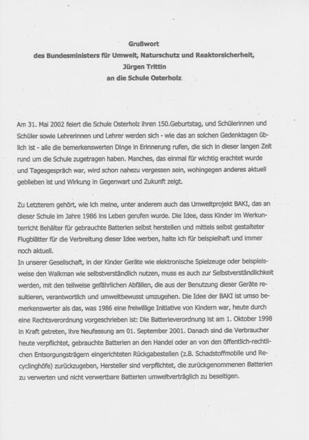 Grußwort des Bundesministers für Umwelt, Naturschutz und Reaktorsicherheit, Jürgen Trittin an die Schule Osterholz (Seite 1) | Foto: Bundesregierung