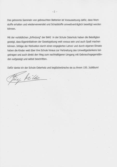 Grußwort des Bundesministers für Umwelt, Naturschutz und Reaktorsicherheit, Jürgen Trittin an die Schule Osterholz (Seite 2) | Foto: Bundesregierung