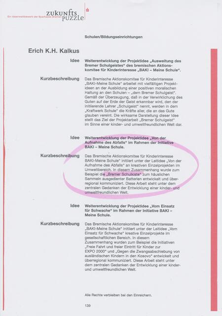 Seite 139 aus: Ideenbuch ZukunftsPuzzle, Ein Wettbewerb der Sparkasse Bremen zum 175-jährigen Jubiläum am 23. Juni 2000 | Foto: Die Sparkasse Bremen