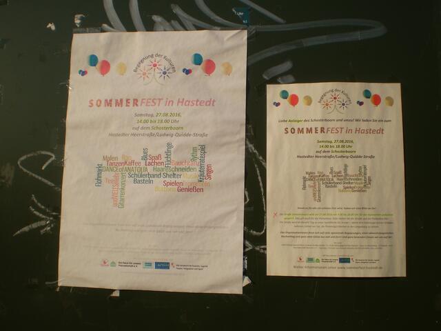 26. August 2016: Blick auf zwei "SOMMERFEST IN HASTEDT"-Plakate beim Schosterboorn in Bremen-Hastedt