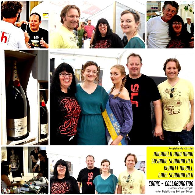 09. und 10. September 2016 Zöppkesmarkt (Alter Markt) in Solingen - Kunstprojekt auf der 48h Kunstausstellung - Michaela Hanemann, Susanne Schumacher, Gerritt McGill & Lars Schumacher hier auf Fotografien mit Veranstalter Timm Kronenberg und der neue „Königin der Herzen”, Miss Zöpfchen 2016 Felicia Richter