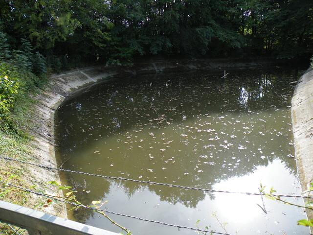 6. Löschteich - rapider Wasserverlust; das Wasser steht sonst bis zum oberen Rand.