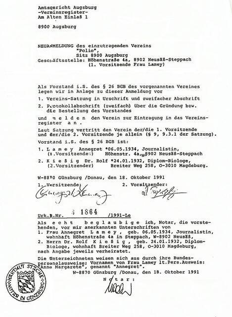 Augsburger Gründungsurkunde von 1991