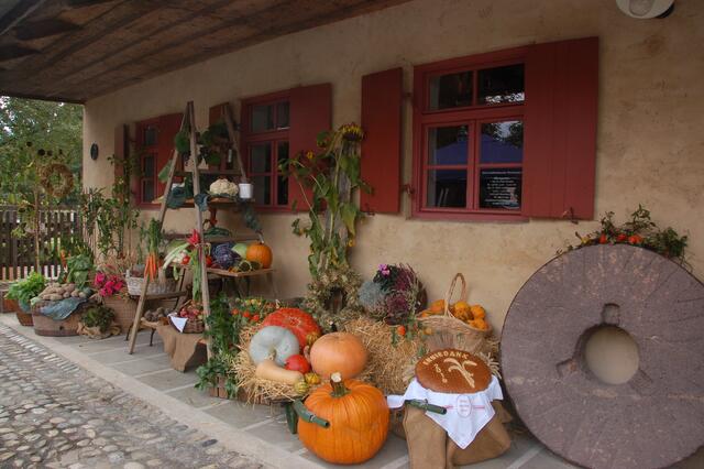 Ein grandioses Ensemble und „Hingucker“ mit Früchten aus Garten und Feldern wurde von Heidi Kommer an der Ostfassade der Mühle errichtet.