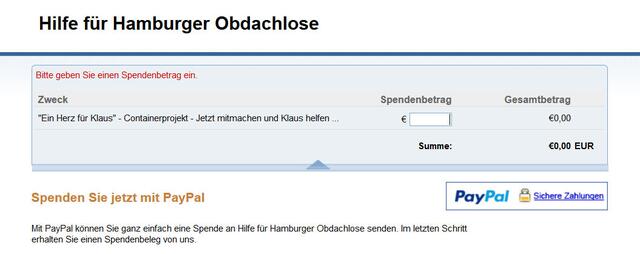 Hilfe für Hamburger Obdachlose - Spendenform