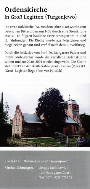 Ordenskirche Groß-Legitten. Faltblatt der GeO http://www.gemeinschaft-ev-ostpreussen.de/ | Foto: wie vor