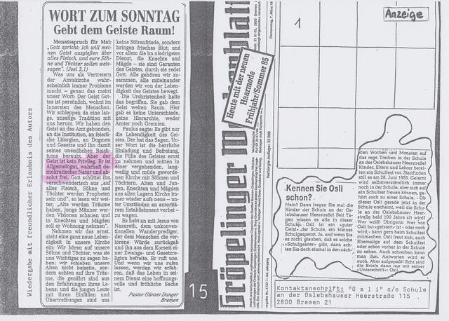 Pastor Günter Danger, Gebt dem Geiste Raum! (in MEINE SCHULE, Ausgabe 02 zum 1. Juli 1993)