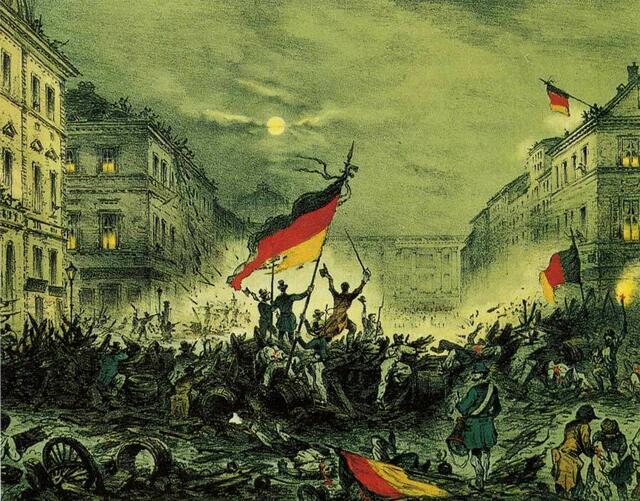 Historisches Bild zur Märzrevolution 1848 &gt; Jubelnde Revolutionäre nach Barrikadenkämpfen am 18./19. März 1848 in der Breiten Straße in Berlin. 
Auf dem Bild erkennt man zum einen in der Mitte und am unteren Bildrand die Flaggen der monarchistischen Revolutionäre. Diese stritten für eine Deutsche Einheit mit einem Monarchen an der Spitze Deutschlands. Auf der rechten Seite des Bildes findet man zwei Flaggen der ... &lt; https://de.wikipedia.org/wiki/Deutsche_Revolution_1848/1849#/media/Datei:Maerz1848_b | Foto: wie vor