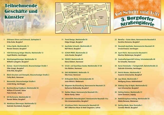 Flyer: Teilnehmende Geschäfte und Künstler. Die Burgdorfer Straßengalerie wird erfolgreich in der 3. Ausgabe in der Burgdorfer Innenstadt präsentiert. | Foto: Stadt Burgdorf