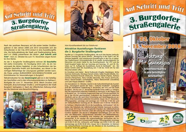 Flyer: Teilnehmende Geschäfte und Künstler. Die Burgdorfer Straßengalerie wird erfolgreich in der 3. Ausgabe in der Burgdorfer Innenstadt präsentiert. | Foto: Stadt Burgdorf