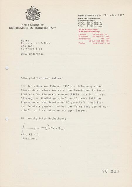 Schreiben des Präsidenten der Bremischen Bürgerschaft Dr. Dieter Klink vom 22. März 1990 | Foto: Bremische Bürgerschaft