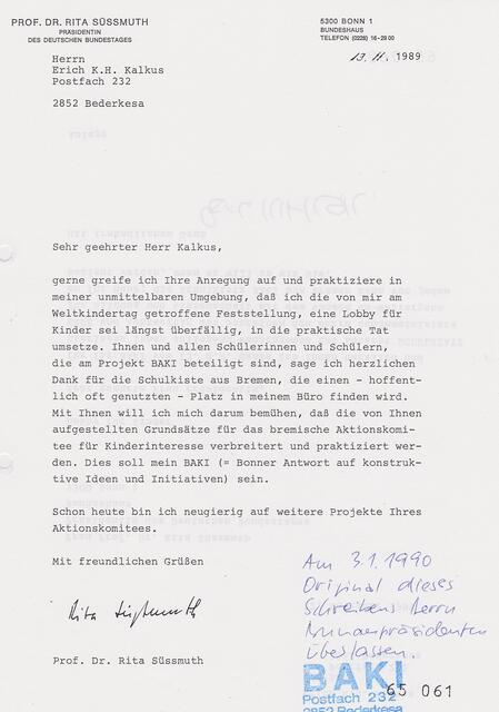 Schreiben der Präsidentin des Deutschen Bundestages,  Prof. Dr. Rita Süßmuth, vom 13. November 1989 | Foto: Prof. Dr. Rita Süßmuth