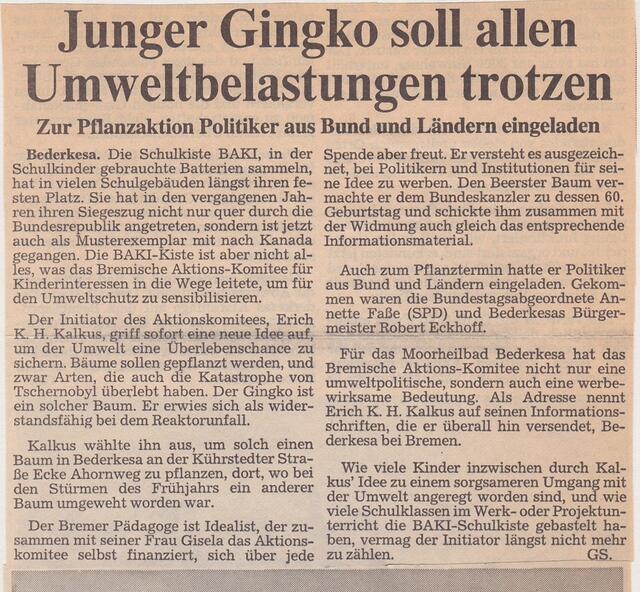 Gudrun Stürzer, Junger Gingko soll allen Umweltbelastungen trotzen - veröffentlicht am 19. April 1990 | Foto: NORDSEE-ZEITUNG