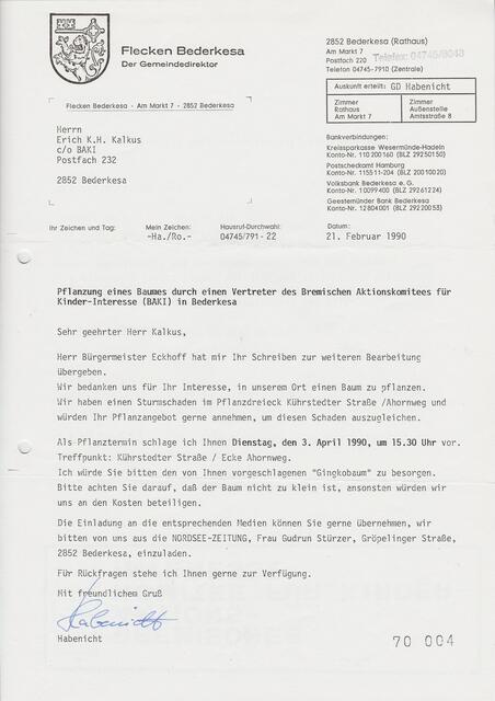 Schreiben aus dem Rathaus Bederkesa vom 21. Februar 1990 | Foto: Gemeinde Bederkesa