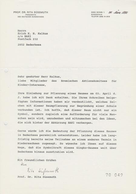 Schreiben der Präsidentin des Deutschen Bundestages, Prof. Dr. Rita Süßmuth, vom 30. März 1990 | Foto: Prof. Dr. Rita Süßmuth