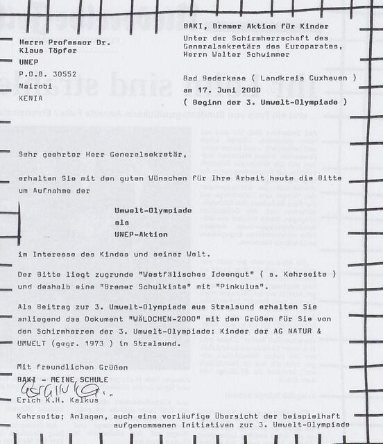 Brief vom 17. Juni 2000 aus Bad Bederkesa für Herrn Professor Dr. Klaus Töpfer in Nairobi