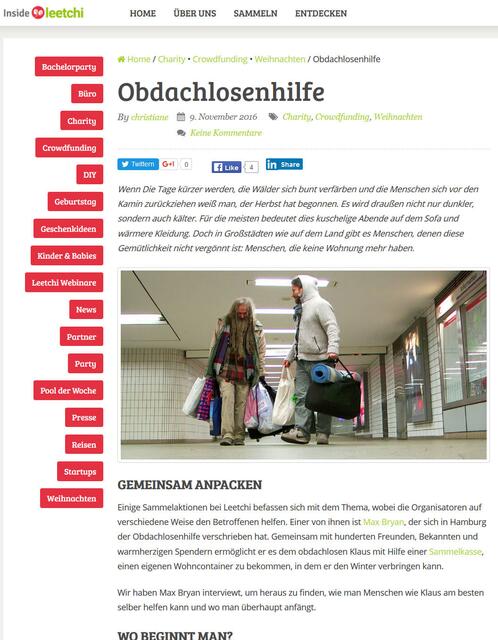 --------- "Mut steht am Anfang des Handelns, Glück am Ende. Dazwischen liegt viel Mühe, Arbeit und Geduld." (Demokrit) ----------

Spendenlink: https://www.paypal.com/cgi-bin/webscr?cmd=_s-xclick&hosted_button_id=2AGDX4G3SVD54

Weitere Spenden - die ab dem 21.11. bei Paypal oder Leetchi eingehen, werden zur Anmietung weiterer Wohncontainer für Hamburger Obdachlose eingesetzt.

Frage - Antwort: --> http://inside.leetchi.com/obdachlosenhilfe/