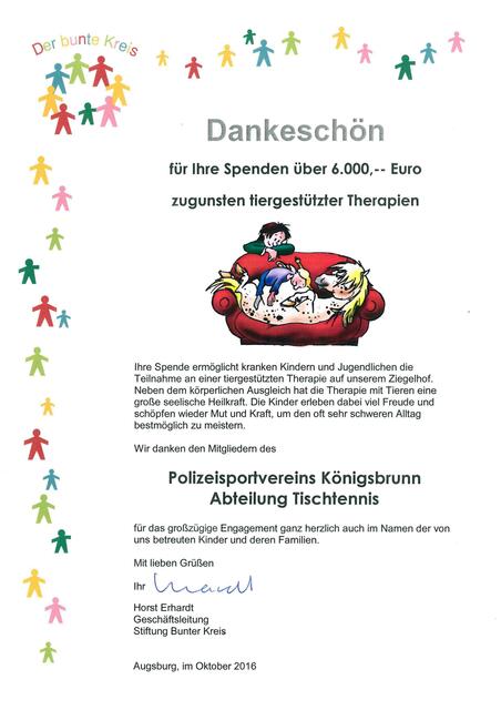 Seit drei Jahren engagiert sich der PSV Königsbrunn für den Bunten Kreis. Mit insgesamt 6000€ wurde das Zentrum für tiergestützte Therapie bisher unterstützt.