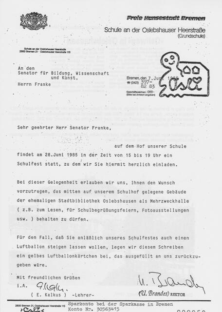 Bremen, 7. Juni 1985: "Sehr geehrter Herr Senator Franke..."
