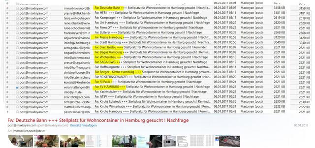 +++ 30 weitere Kontakte vergebens +++ Kirchen und Diakonie, Stadt und Staat, Sport- und Parkplätze, HPA und Hafen, Hochbahn und DB, Hochschule und Hamburg-Messe - die Liste der Kontaktierten ist lang und die zugehörige Abwicklungsdatei mit allen Schreiben und Antworten umfasst gut 700 Seiten. Sogar die Rotarier hatte ich angeschrieben - doch die haben sich nicht mal zurück gemeldet.