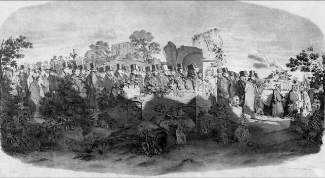 Im Jahr 1842 entstandenes Bild des Celler Malers Carl Hoff (1807-1862) mit dem Titel „Die Totenfeier der Carolina“, auf dem diese symbolisch durch Mitglieder der Celler Justizkanzlei zu Grabe getragen wird. Das 1840 geschaffene Kriminalgesetzbuch für das Königreich Hannover enthielt allerdings noch immer mittelalterliche Strafen, wie das Schleifen zum Richtplatz, Auspeitschen und Prangerstehen. | Foto: Wikipedia/public domain