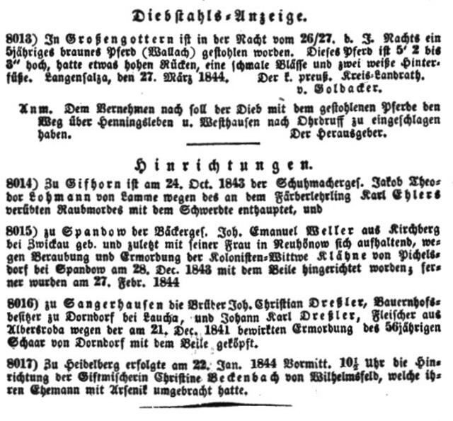 Allgemeiner Polizei-Anzeiger, Gotha, 30. März 1844, Seite 128: Mitteilung über vorgenommene Hinrichtungen im Zeitraum 1843-1844. Darunter findet sich auch die Hinrichtung des Schuhmachergesellen Jakob Theodor Lohmann, der zuvor wegen Raubmordes steckbrieflich im Großherzogtum Mecklenburg-Schwerin gesucht worden war.