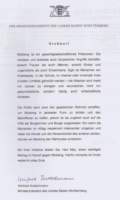 Grußwort des Herrn Ministerpräsidenten des Landes Baden-Württemberg Winfried Kretschmann "auf dem Berliner Wegweiser gegen Mobbing" ( www.mobbing-web.de) | Foto: www.mobbing-web.de