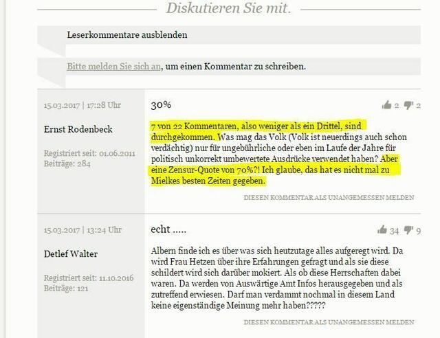 Immer wieder finden sich Hinweise in den Kommentaren das Beiträe bzw Meinungen gelöscht werden.Quelle Screenshot SVZ