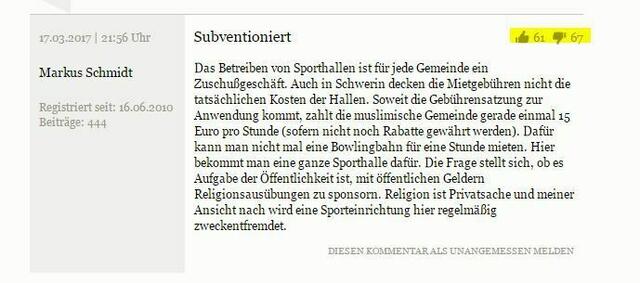 Vermutlich wird bei der SVZ ganz gezielt auf die Kommentarbewertungen Einfluss genommen.Quelle SVZ Screenshot
