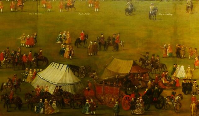 Dazu traf sich der kurfürstliche Hochadel, aber zum Gucken auch das einfache Volk. Im Vordergrund die Staatskutsche Georg III., der durch die Personalunion König von Großbritannien und Irland war und Kurfürst von Hannover.