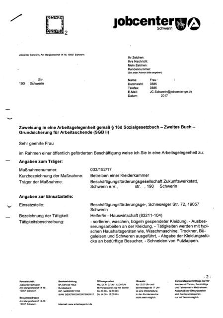 Zuweisung in eine Arbeitsgelegenheit Zum Schutz der Person wurden alle relevanten Daten entfernt.