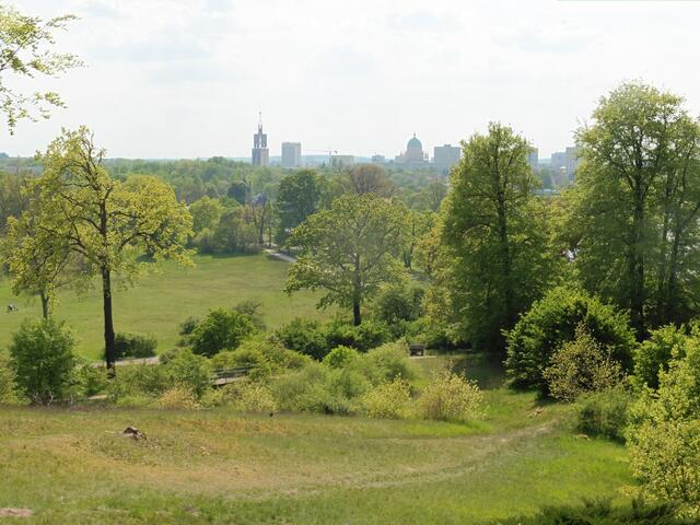 Blick von einem Hügel am Fuß des Flatowturms im Park Babelsberg