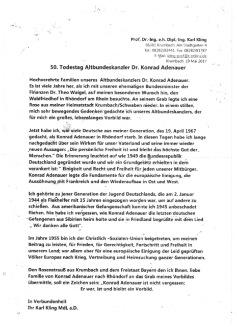 Originalbrief des Karl Kling zum Gedenken des 50. Todestages Konrad Adenauers | Foto: Karl Kling