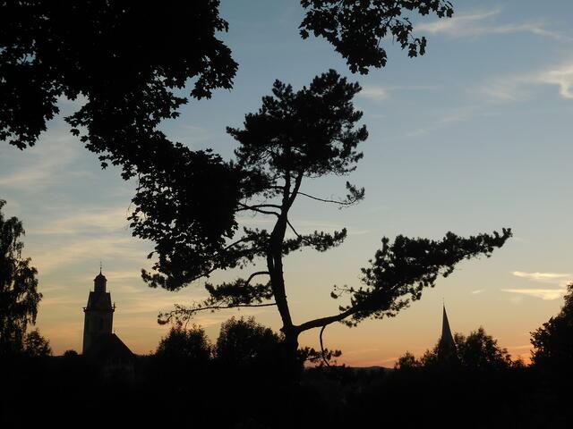 Links im Bild ist der Turm der "Kilians-Kirche" zu sehen und rechts im Bild der "schiefe" Turm der "Nikolai-Kirche".