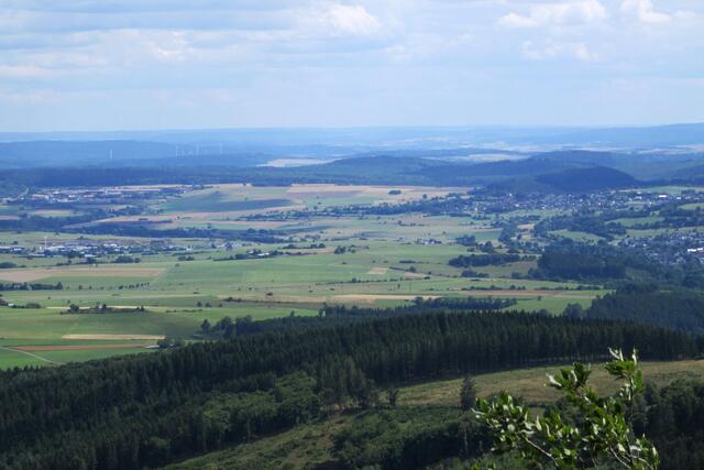 Blick auf das Industriegebiet der Stadt Hallenberg und  weiter östlich die Anlagen am Hauptsitz der ante-holz  GmbH, einem der führenden Holzindustrieunternehmen in Deutschland und Europa im hessischen Bromskirchen-Somplar.  Der an Einwohnern größere Gemeindeteil Bromskirchen ist im Bilde rechts zu sehen.  Hinter den Gebäuden von ante-holz  sind die Windräder von Burgwald-Ernsthausen zu erkennen.
