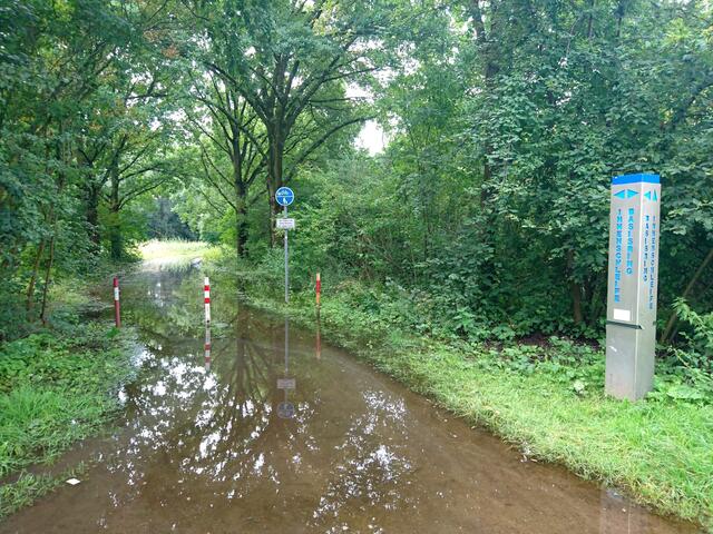 Dies ist kein Bach, sondern ein überschwemmter Fußgänger- und Radweg an der Wietze.